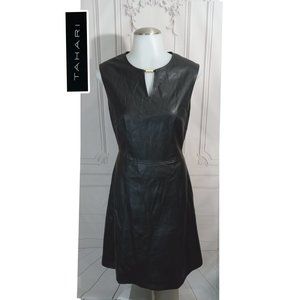 Tahari Black Vegan Faux Leather A-Line Midi Dress Fully Lined Sz 8